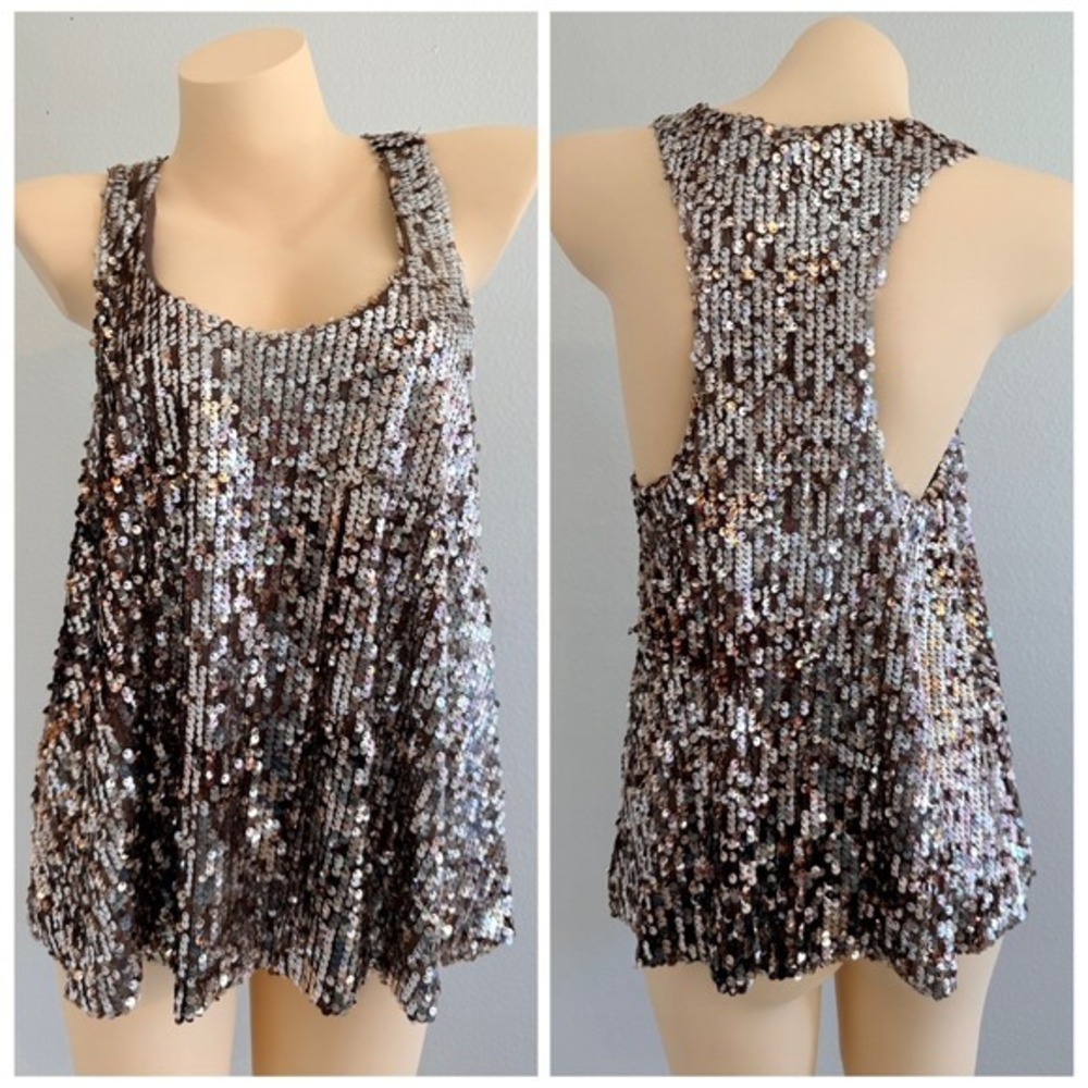Bronze Sequin Racerback Tank Top Disco Party Glam Sparkle Sleeveless Blouse